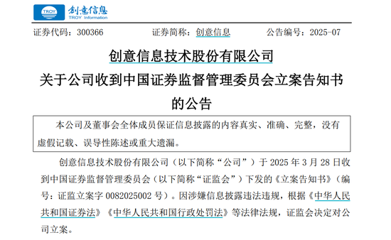 因涉嫌信息披露违法违规，创意信息被证监会立案调查