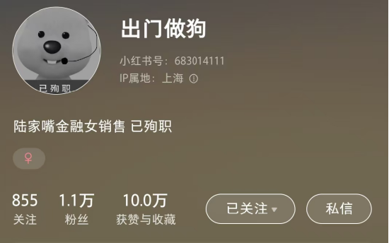 陆家嘴基金女销售“出门做狗”众筹离职，点赞过千，目前显示已裸辞