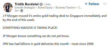 摩根大通黄金交易部门,传于上月底紧急迁至新加坡,50多名交易员及家属在一周内搬家